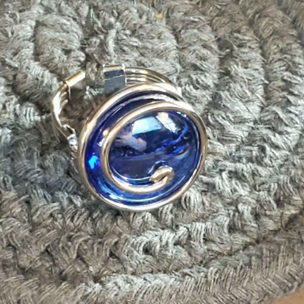Handcrafted Edgy Cobalt Blue Silver Spiral Luster Glass Bauble Ring - Picture 7 of 8
